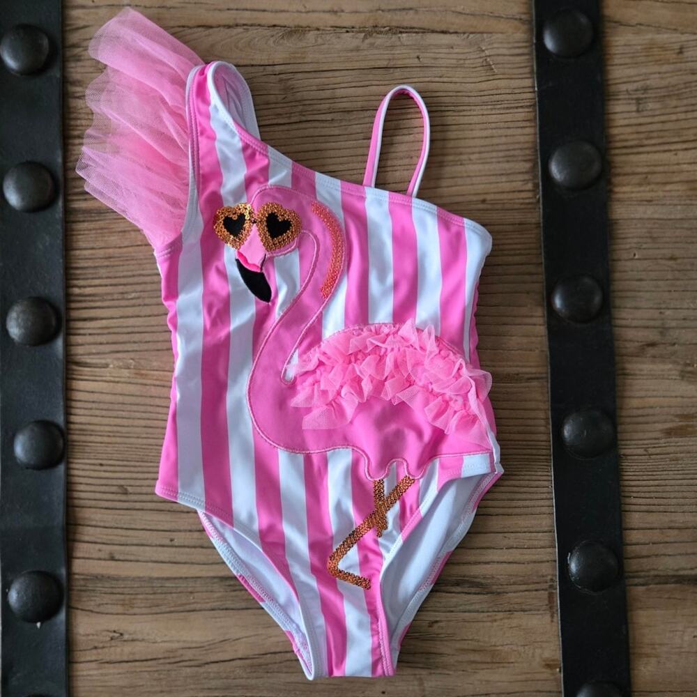 Flapdoodles Pink and White Stripe Flamingo Tulle Fancy One Piece sz 5
